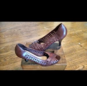 Peep toe brown leather heels